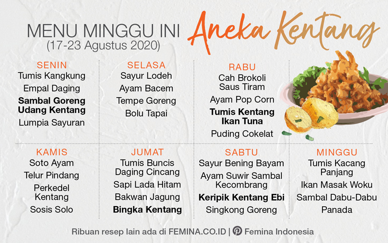 Daftar Menu Mingguan 17 23 Agustus 2020 Aneka Kentang