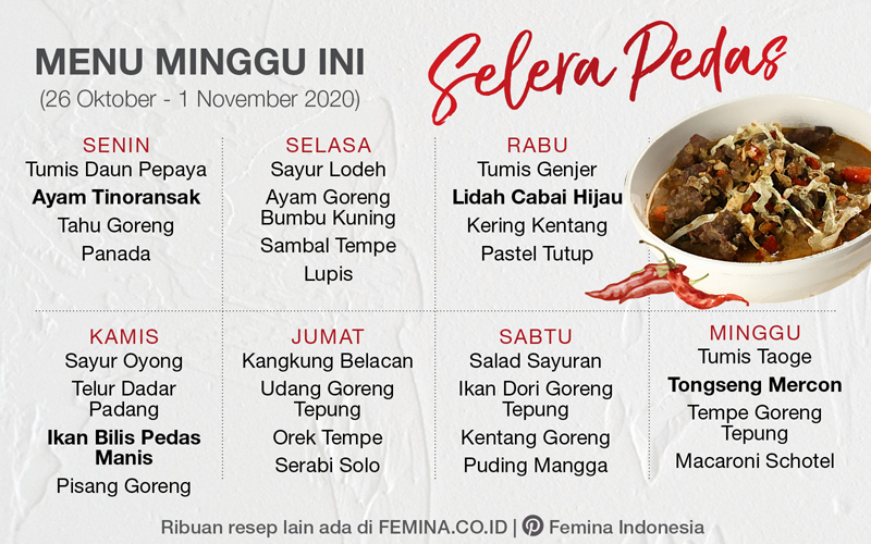 Daftar Menu Mingguan 25 Oktober 1 November 2020 Selera Pedas