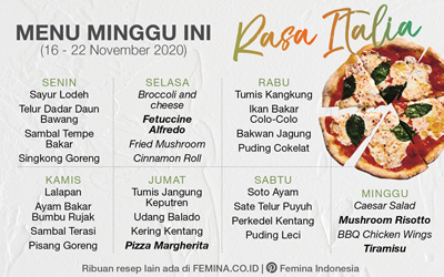 Daftar Menu Mingguan (16-22 November 2020): Rasa Italia